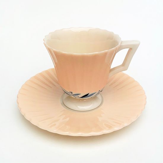 Picture of Rare Antique 1906-1930 Lenox Ribbed Demitasse Cup & Saucer in Peach with Blue Vine Details