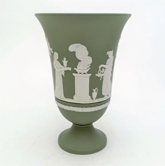 Picture of Wedgwood Jasperware Cream On Celadon "Sacrifice" Motif Pedestal Vase
