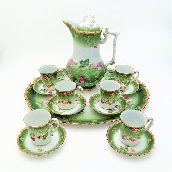 Picture of Antique 14-Piece Tressemann & Vogt (T&V) Limoges Porcelain Chocolate Set in Green with Clover Blossoms