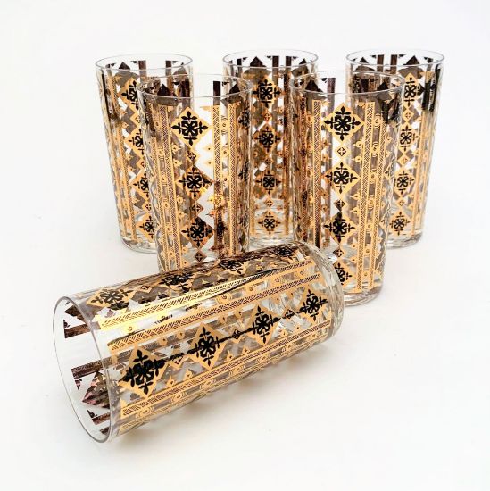 Picture of Vintage Mid Century Modern Culver Glass Set of 6 Black & Gold Highball Glasses