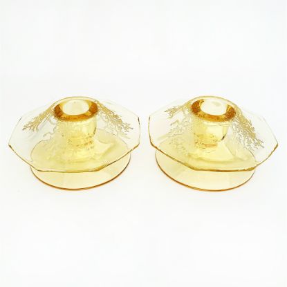 Picture of Rare Vintage Pair of Fostoria Glass 'June' Yellow Mushroom Shaped Candle Holders