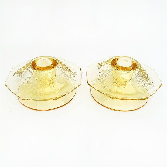 Picture of Rare Vintage Pair of Fostoria Glass 'June' Yellow Mushroom Shaped Candle Holders