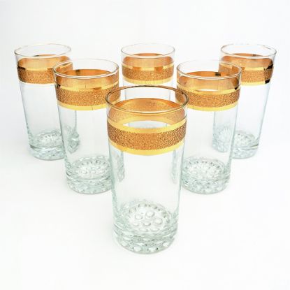 Picture of Vintage Mid Century Set of 6 Highball Glasses with Textured Gold Bands