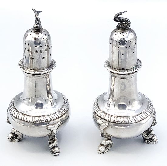 Picture of Antique Sterling Silver Salt & Pepper Shakers with Dolphin Feet & Finials