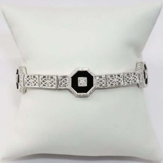 Picture of 14k White Gold Filigree Onyx & Diamond Edwardian Revival Bracelet 