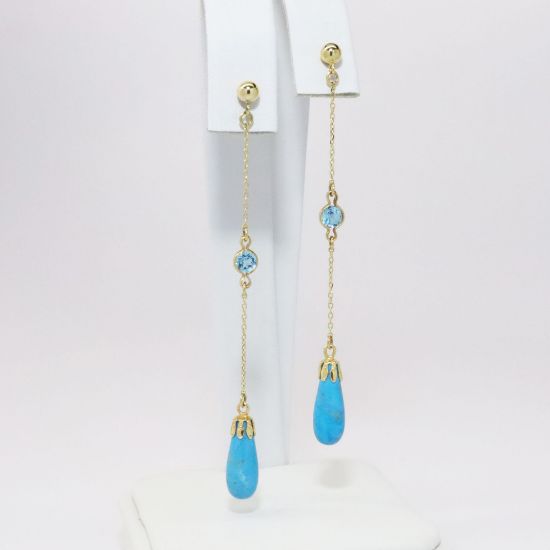 Picture of 18k Yellow Gold Blue Topaz & Turquoise Dangle Earrings 
