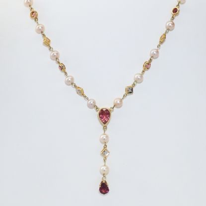 Picture of 14k Yellow Gold Pink Tourmaline, Diamond & Cultured Pearl Necklace 