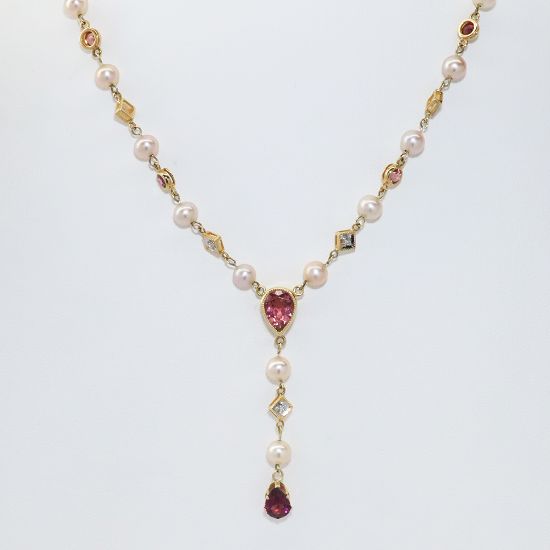 Picture of 14k Yellow Gold Pink Tourmaline, Diamond & Cultured Pearl Necklace 