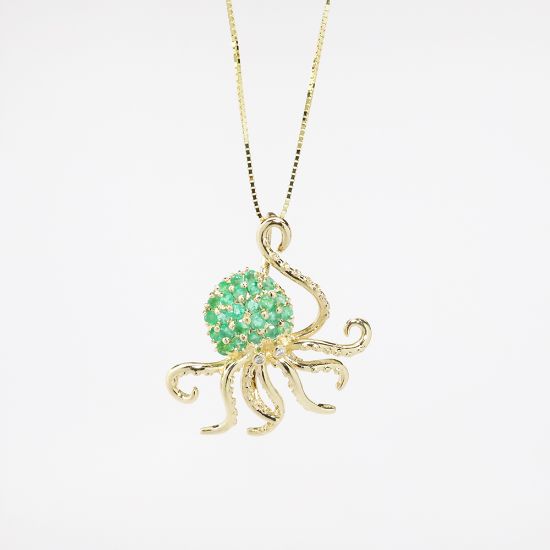 Picture of 14k Yellow Gold Emerald & Diamond Octopus Necklace 