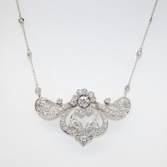 Picture of Antique Art Deco Era 14k White Gold & Diamond Floral Scroll Pendant with Modern Diamond Station Chain