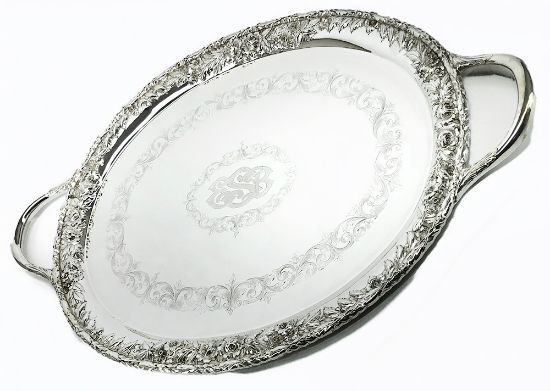 Picture of Antique Sterling Silver Oval Waiter Tray with Handles