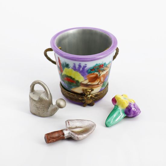 Picture of Limoges Porcelain Gardening Bucket Trinket Box with Surprise Watering Can, Shovel & Flowers Inside