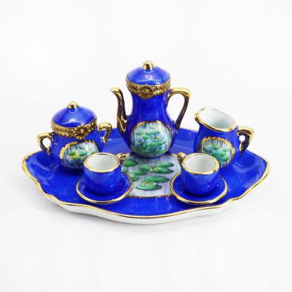Picture of Limoges Porcelain 8-Piece Trinket Box Tea Set in Blue with Waterlily Motif