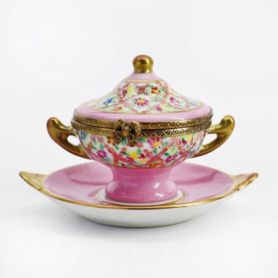 Picture of Vintage Limoges Pink Floral Soup Tureen Trinket Box with Matching Stand