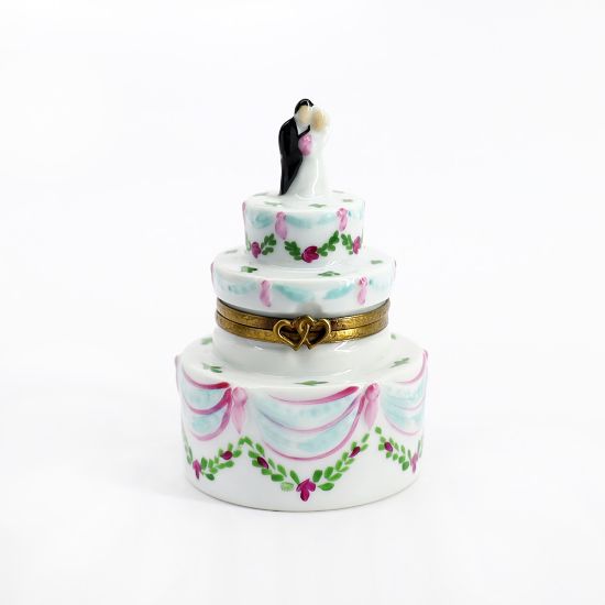 Picture of Limoges Porcelain White Wedding Cake with Bride & Groom Topper Trinket Box