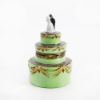 Picture of Limoges Porcelain Chocolate Wedding Cake with Green Icing & Bride & Groom Topper Trinket Box  