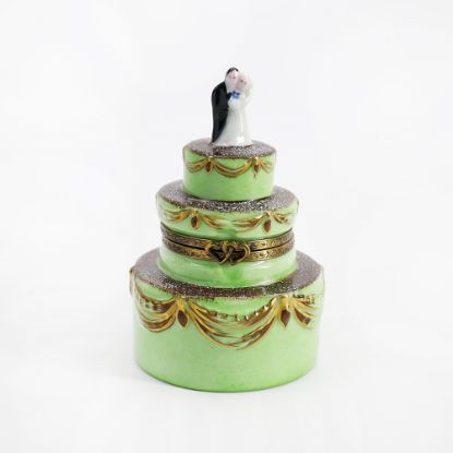 Picture of Limoges Porcelain Chocolate Wedding Cake with Green Icing & Bride & Groom Topper Trinket Box  