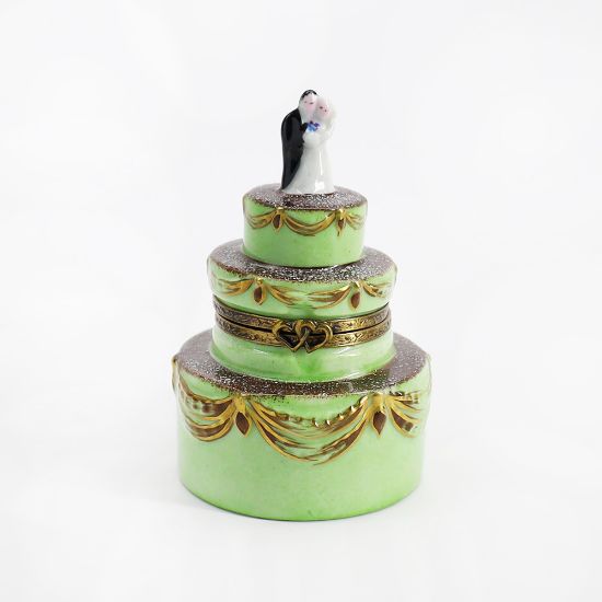 Picture of Limoges Porcelain Chocolate Wedding Cake with Green Icing & Bride & Groom Topper Trinket Box  