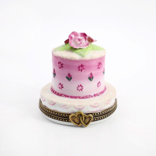 Picture of Limoges Porcelain Pink Anniversary Cake Trinket Box with Bride & Groom Inside 