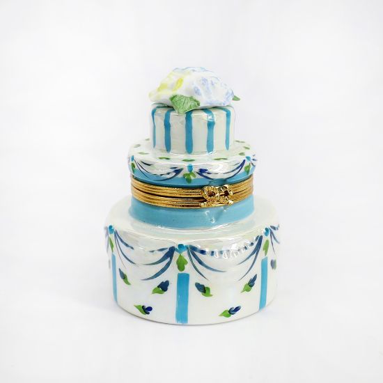 Picture of Limoges Porcelain Iridescent Wedding Cake with Blue & Yellow Roses Trinket Box 