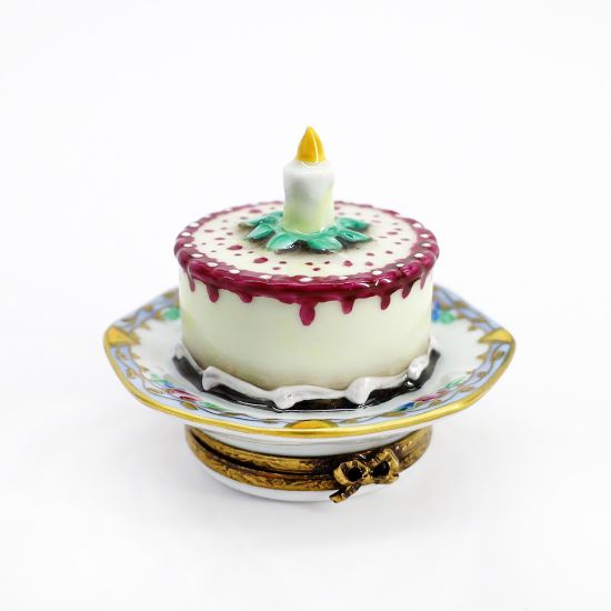 Picture of Limoges Porcelain Raspberry Cheesecake Birthday Cake on Plate Trinket Box 