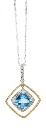 Picture of 14k Two-Tone Gold & 1.75ct Blue Topaz Pendant Necklace with Diamond Halo