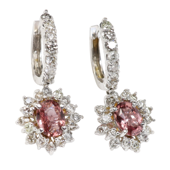 Picture of 14k White Gold, Diamond & Oval Cut Pink Sapphire Dangle Earrings
