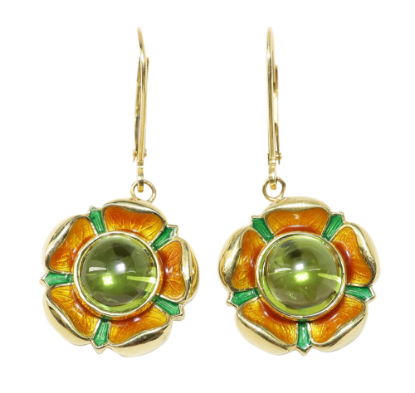 Picture of 18k Yellow Gold & Peridot Cabochon Flower Drop Earrings with Orange & Green Guilloche Enameled Petals