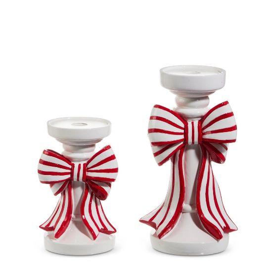 Picture of Pair of Staggered Height Red & White Striped Bow Candle Holders