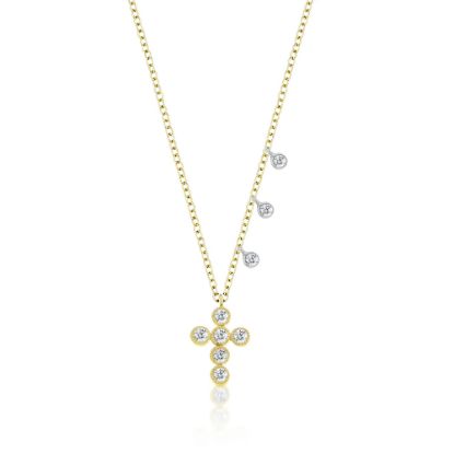 Picture of 14k Yellow Gold Dainty Bezel Set Diamond Cross & Diamond Charms Necklace
