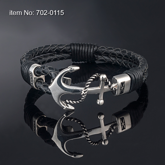 Picture of AXION Black Leather and Sterling Silver Anchor Bracelet