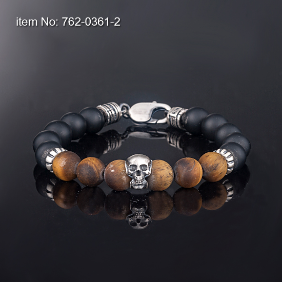 Picture of AXION Sterling Silver Skull Motif Bracelet with Black Onyx & Tiger Eye Beads