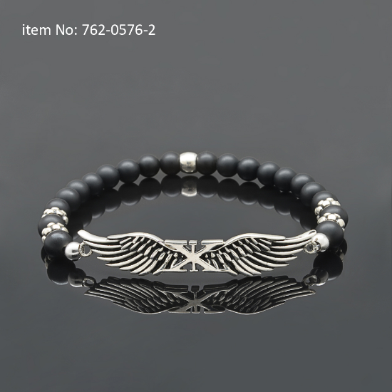 Picture of AXION Sterling Silver Matte Onyx & Washers Bead Bracelet with AXION Wings Motif 