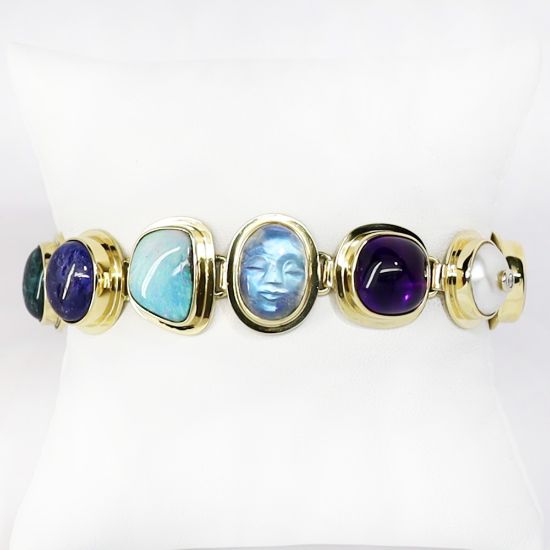 Picture of 18k Yellow Gold and Multi-Gemstone Carved Moon Bracelet