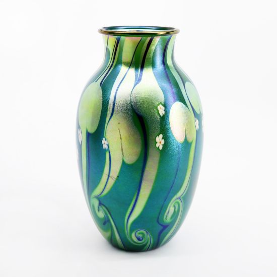 Picture of Signed 1978 Orient & Flume Iridescent Art Glass Lily Pad Vase, Numbered 186