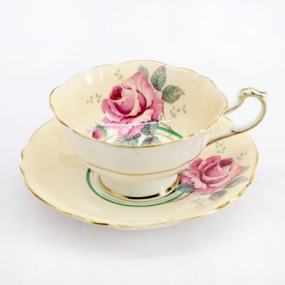 Picture of Vintage Paragon Bone China Peach Tea Cup & Saucer with Pink Cabbage Rose Decoration