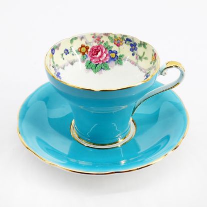 Picture of 1930's Aynsley Bone China Turquoise Tea Cup & Saucer with Floral Interior