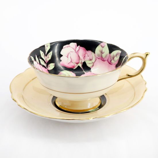 Picture of Vintage Paragon Bone China Peach Tea Cup & Saucer with Hand Painted Pink Cabbage Rose 