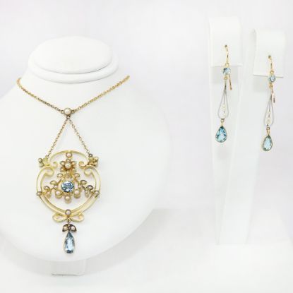Picture of Antique Edwardian 15k Gold, Aquamarine & Seed Pearl Necklace & Earring Set