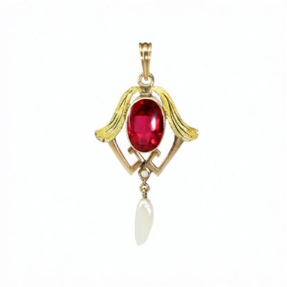 Picture of Antique Art Nouveau 10k Yellow Gold, Synthetic Ruby & Mississippi River Freshwater Pearl Lavalier Pendant
