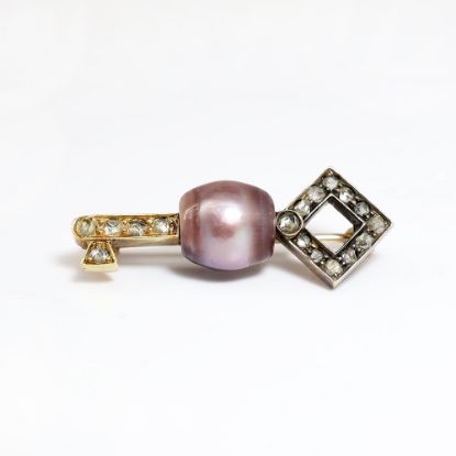 Picture of Antique 10k Gold & Silver Pearl & Rose Cut Diamonds Key Brooch