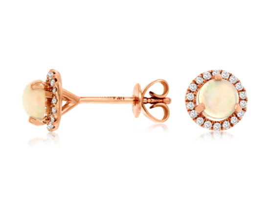 Picture of 14k Rose Gold Round Opal Halo Diamond Earrings